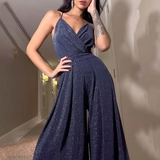 Mono de mujer – Sin mangas – Cuello halter – Drapeado – Piernas anchas – Tejido brillante