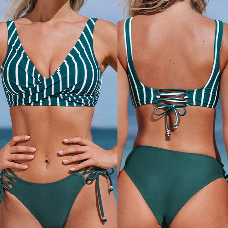 Bikini para mujer – Top cruzado envolvente – Braguita ajustable con lazo – Tejido elástico transpirable