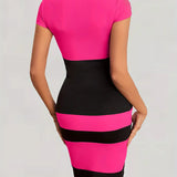 Vestido ajustado para mujer - Mangas cortas - Cuello redondo - Estampado de bloques de color - Largo hasta la rodilla
