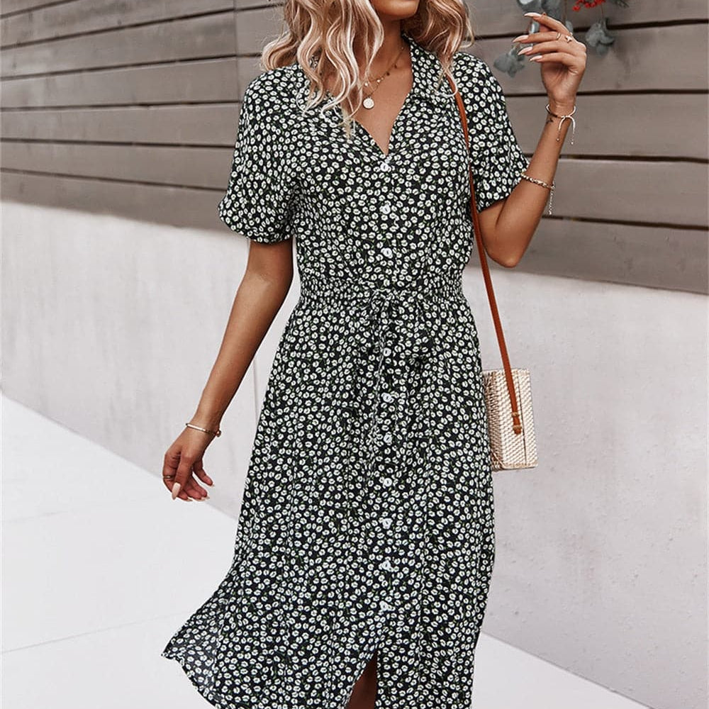 Stien - Elegante vestido de verano con lazo en la cintura.