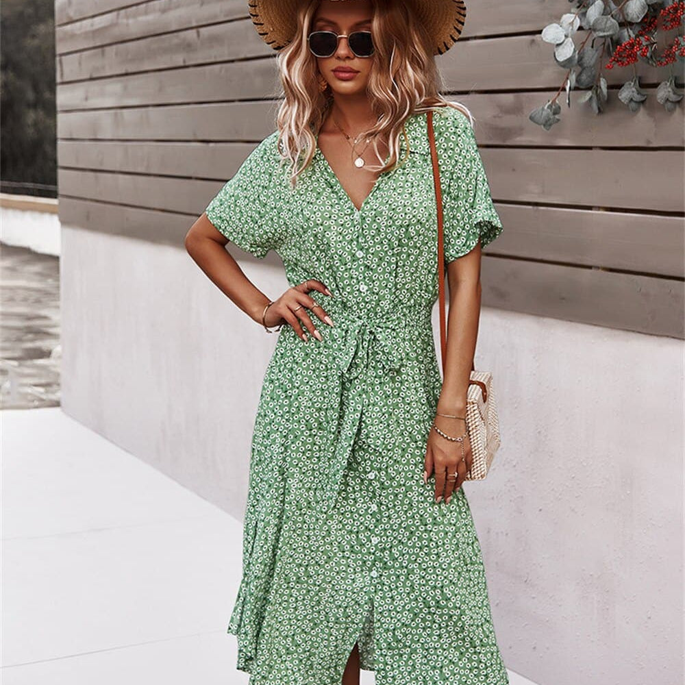 Stien - Elegante vestido de verano con lazo en la cintura.