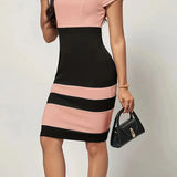 Vestido ajustado para mujer - Mangas cortas - Cuello redondo - Estampado de bloques de color - Largo hasta la rodilla