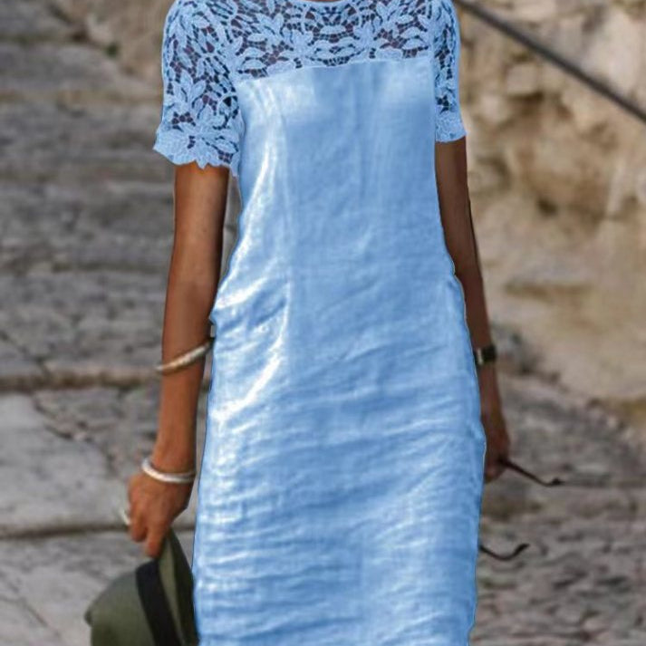 Vestido recto de mujer - Mangas cortas - Encaje elegante - Tejido ligero y cómodo
