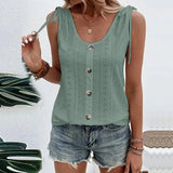 Blusa sin mangas para mujer - Cuello redondo abotonado - Tejido texturizado elegante - Lazos en los hombros