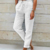Pantalones de lino para mujer - Cintura elástica con cordón - Corte holgado y transpirable