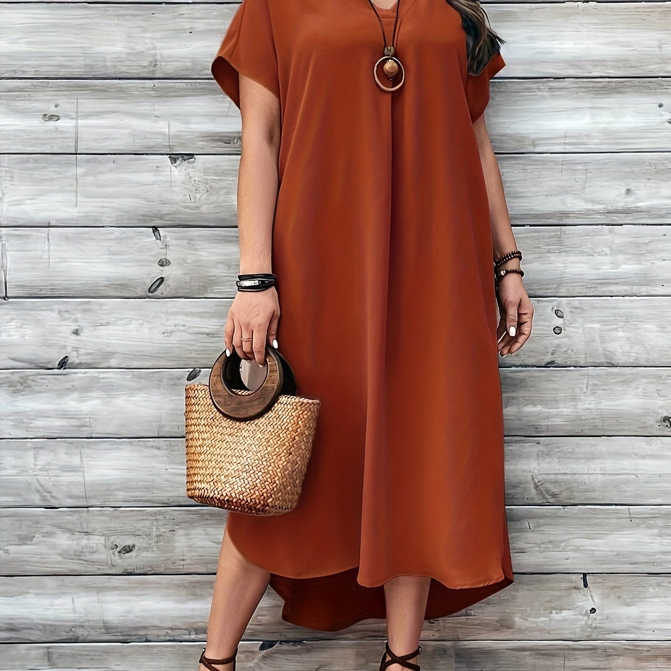 Vestido de mujer - Corte asimétrico holgado - Cuello en V elegante - Mangas cortas y sueltas