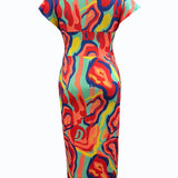 Vestido midi de mujer - Denim patchwork ajustado - Mangas cortas - Cuello en V elegante