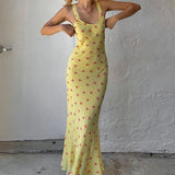 Vestido largo casual con cuello redondo y estampado floral fruncido