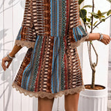 Vestido bohemio para mujer - Corto y fluido - Cuello en V - Estampado étnico - Mangas de encaje 3/4
