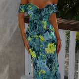 Vestido maxi sexy, sin tirantes, estampado, con volantes y ajustado.