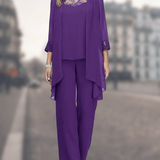 Conjunto de tres piezas para mujer – Corte fluido – Encaje delicado – Pantalón ancho cómodo