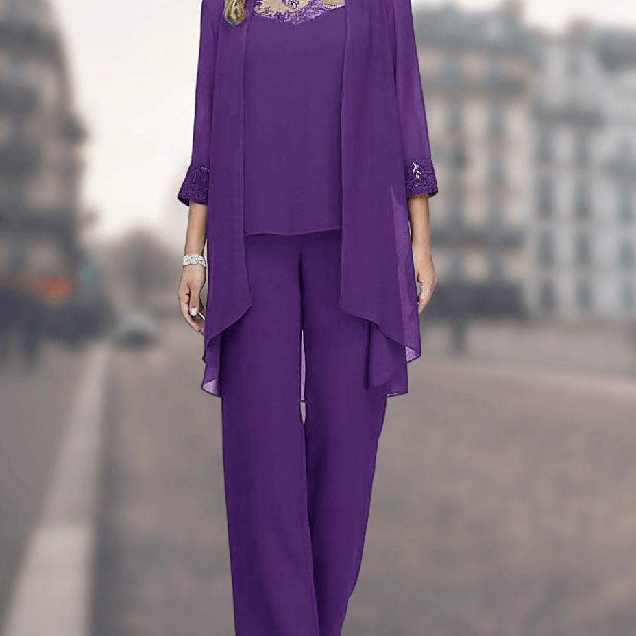 Conjunto de tres piezas para mujer – Corte fluido – Encaje delicado – Pantalón ancho cómodo