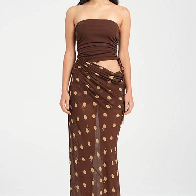 Vestido maxi sexy sin tirantes y ajustado con lunares de patchwork