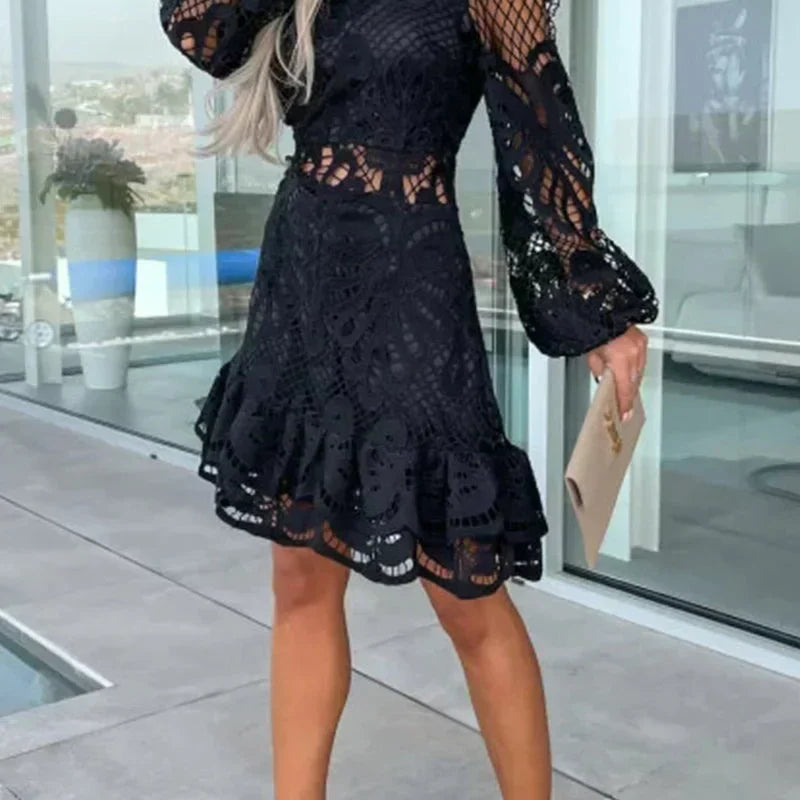 Vestido de mujer - Encaje elegante - Mangas largas transparentes - Corte acampanado