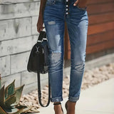 Jeans rectos para mujer - Cintura alta - Denim elástico - Estilo desgastado cómodo