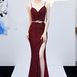Vestido de noche de sirena sexy y ajustado con cinturón.