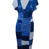 Vestido midi de mujer - Denim patchwork ajustado - Mangas cortas - Cuello en V elegante