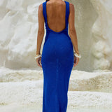 Vestido maxi ajustado, sexy y brillante, sin mangas y con espalda descubierta.