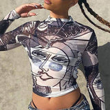 Blusa sexy de manga larga con cuello redondo en malla transparente estampada.