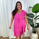 Vestido de mujer – Corte informal – Mangas con volantes – Cuello en V – Botones y cintura ajustable