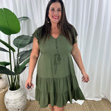 Vestido de mujer – Corte informal – Mangas con volantes – Cuello en V – Botones y cintura ajustable