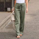 Pantalón ancho de mujer – Cintura alta – Fibras naturales – Cinturón para atar – Largo completo