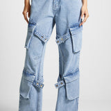 Pantalones cargo vintage de cintura alta y pierna recta con bolsillos