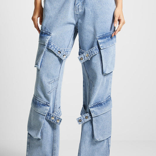 Pantalones cargo vintage de cintura alta y pierna recta con bolsillos