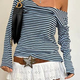 Blusa de manga larga, de punto suelto, con rayas y cuello en V en bloques de color