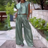 Conjunto de dos piezas para mujer: Top corto sin mangas, pantalón de cintura alta y ancho, tejido satinado.