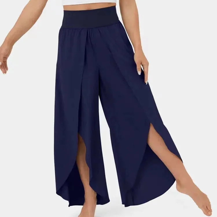 Pantalones de yoga para mujer – Corte holgado y fluido – Cintura alta – Abertura lateral – Tejido transpirable