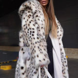 Abrigo largo con capucha de piel sintética con estampado de leopardo