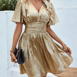 Vestido de mujer - Escote en pico - Mangas mariposa - Cintura ajustada - Tejido brillante