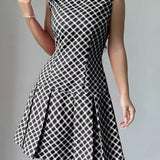 Vestido sin mangas para mujer - Corte entallado - Estampado de cuadros - Falda acampanada