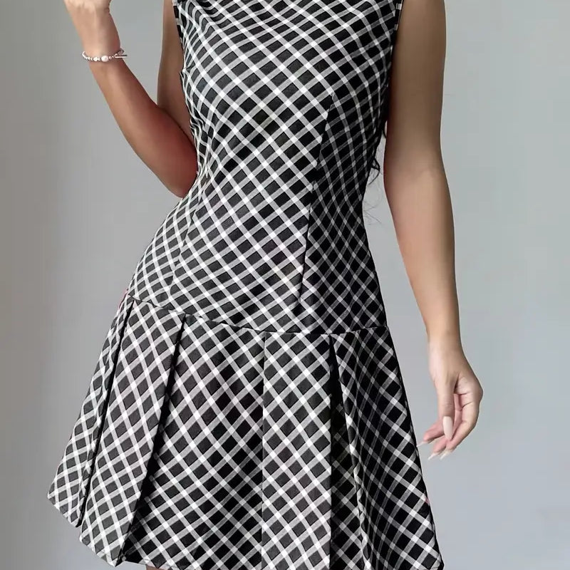 Vestido sin mangas para mujer - Corte entallado - Estampado de cuadros - Falda acampanada
