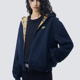 Sudadera con capucha de cuadros de bloques de color con cremallera de gran tamaño