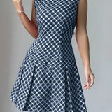 Vestido sin mangas para mujer - Corte entallado - Estampado de cuadros - Falda acampanada