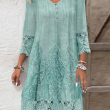 Vestido de mujer - Estilo bohemio - Largo midi - Mangas 3/4 con ribete de encaje - Escote en pico abotonado - Bordado