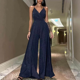 Mono de mujer – Sin mangas – Cuello halter – Drapeado – Piernas anchas – Tejido brillante