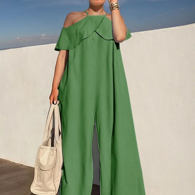 Mono de mujer – Hombros descubiertos – Pierna ancha – Tirantes estilo halter – Estilo casual