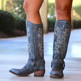 Botas vaqueras de piel para mujer - Altura de la rodilla - Punta puntiaguda - Tacón bajo - Bordado elegante