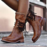 Botas de piel para mujer - Media pantorrilla - Cordones y tachuelas decorativas - Tacón cuadrado