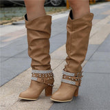 Botas altas para mujer - Piel elegante - Tacón de bloque cómodo - Detalles con tachuelas a la moda