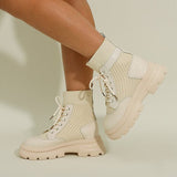 Botines de mujer - Piel y malla - Cordones ajustables - Suela gruesa y cómoda