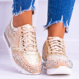 Zapatillas deportivas para mujer - Diseño con estampado de serpiente - Detalles de pedrería - Comodidad informal - Suela antideslizante