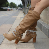 Botas altas para mujer - Piel elegante - Tacón de bloque cómodo - Detalles con tachuelas a la moda