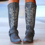 Botas vaqueras de piel para mujer - Altura de la rodilla - Punta puntiaguda - Tacón bajo - Bordado elegante