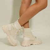 Botines de mujer - Piel y malla - Cordones ajustables - Suela gruesa y cómoda