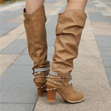 Botas altas para mujer - Piel elegante - Tacón de bloque cómodo - Detalles con tachuelas a la moda