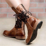 Botas de piel para mujer - Media pantorrilla - Cordones y tachuelas decorativas - Tacón cuadrado